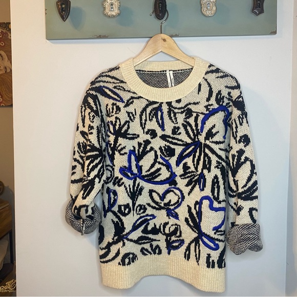 Anthropologie Floral Patterned Sweater - Cream and Black with Blue Embroidery - Picture 7 of 9